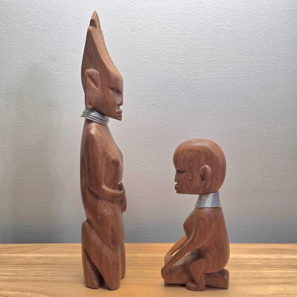 Two Hand Carved Wood Figures‎ African Tribal Statue Set